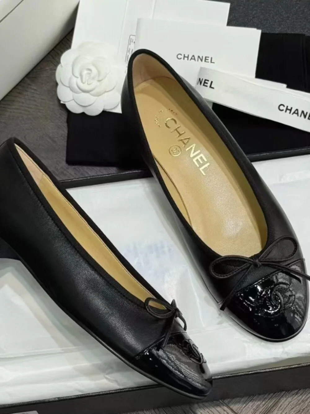 Chanel Two‑Tone Patent Toe Bow Ballet Flats